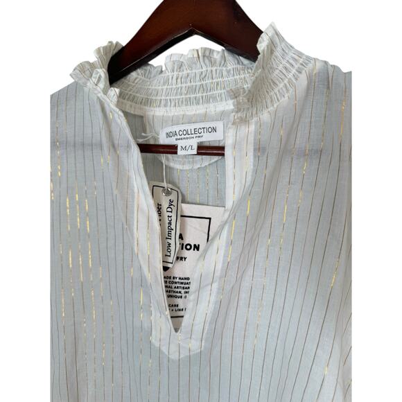 EMERSON FRY NWT INDIA COLLECTION Lucybella Top White Lurex Gold Stripes Sz M/L - Picture 3 of 11